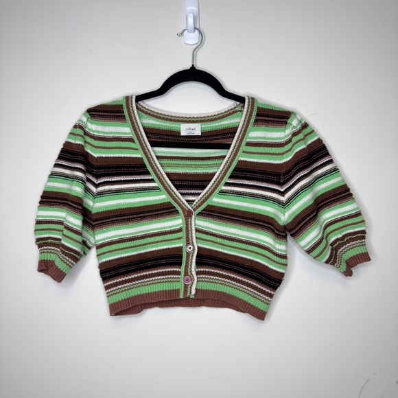 Aritzia Wilfred Canterbury Puff Sleeve Striped V-Neck Cropped Cardigan Size 2XS - Picture 2 of 11